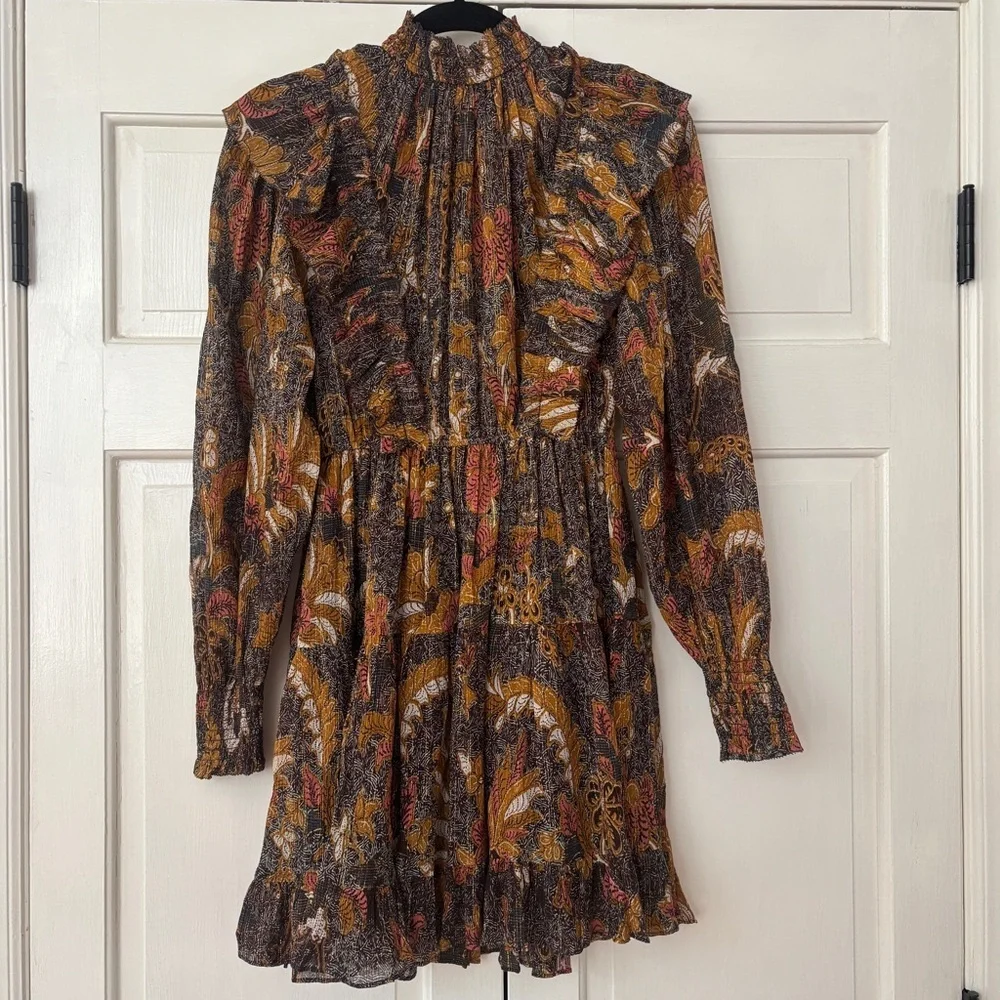 Ulla Johnson Vienne Bird of Paradise Mini Dress in Amber Size 2 Ruffle High Neck